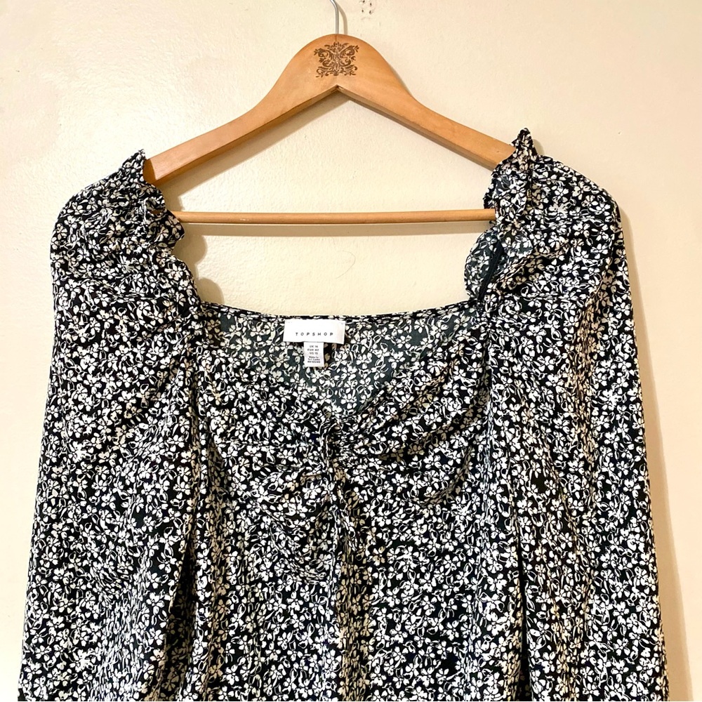 TopShop Blouse Black White Floral Balloon Sleeve Sweetheart Tie Neck 10 - Picture 2 of 6
